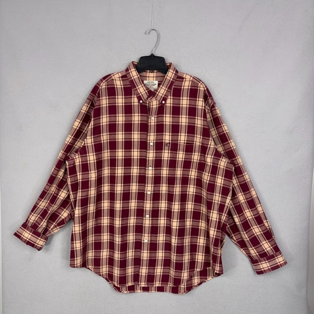 Vintage Ralph Lauren Jeans Shirt Mens XL Burgundy Plaid Flannel Preppy Button Up